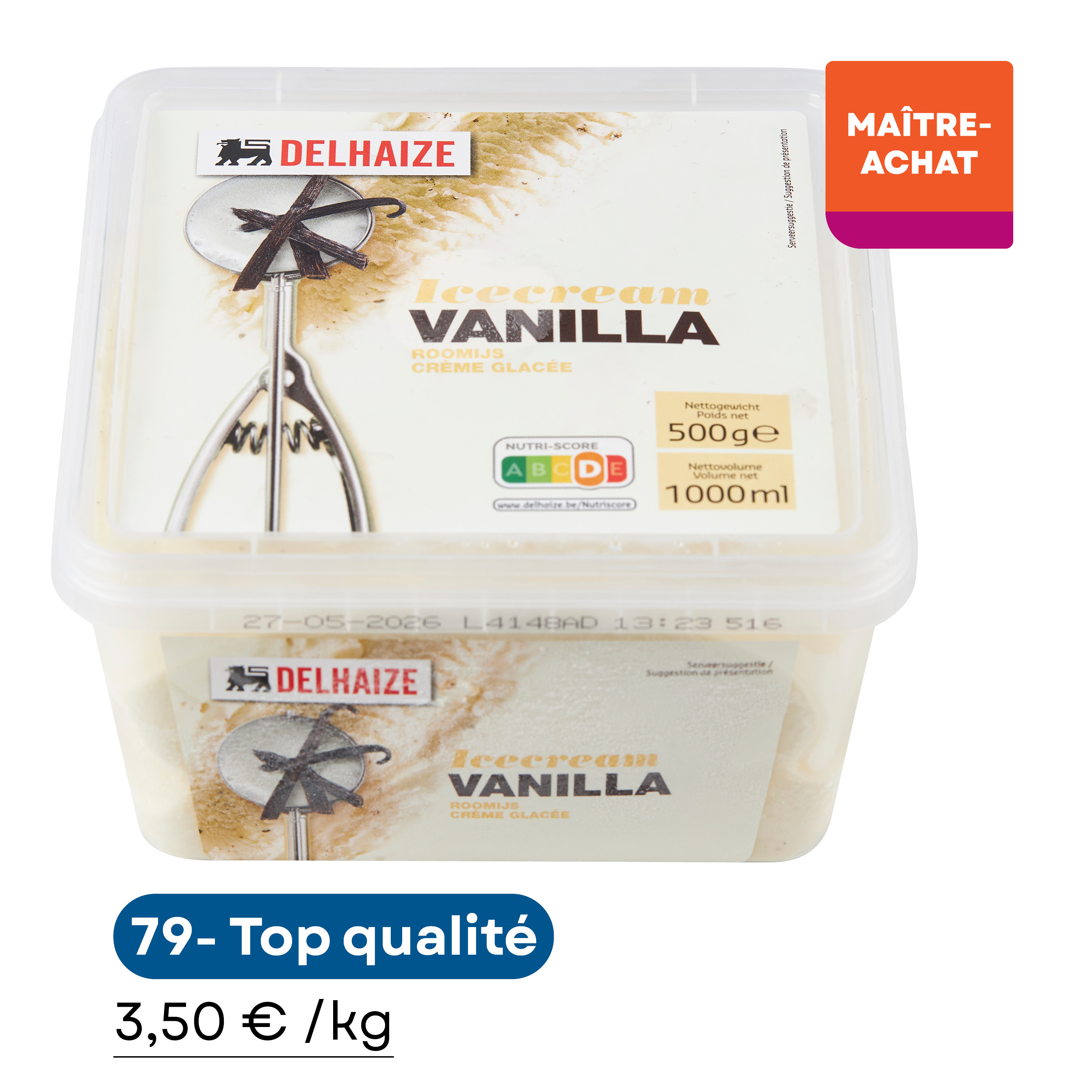 La crème glacée à la vanille de la marque Delhaize
